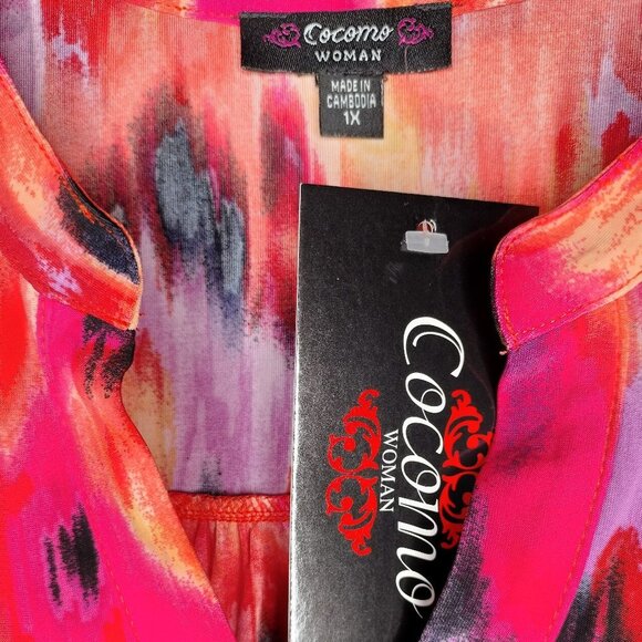 NWT Cocomo Plus Size 1X Pink Multicolor Geo Print Studded Pintuck 3/4 Sleeve Top - Picture 7 of 8